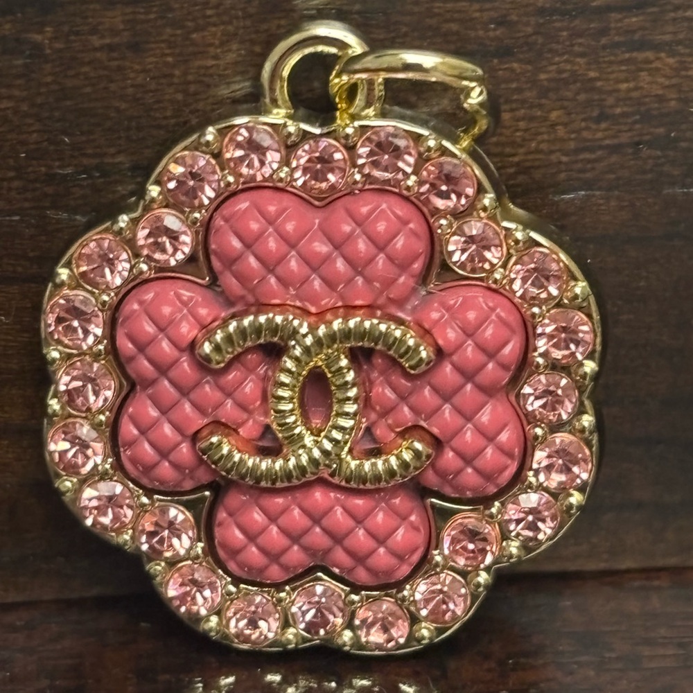 CHANEL Pink and Gold Quilted Camellia Brooch Pendant